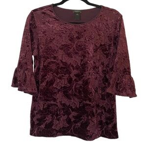 Ann Taylor Factory Burgundy Wine Velvet Floral Top Ruffle Bell Sleeves S 443873